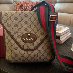 Gucci Monogram Messenger Bag with Green and Red Strap